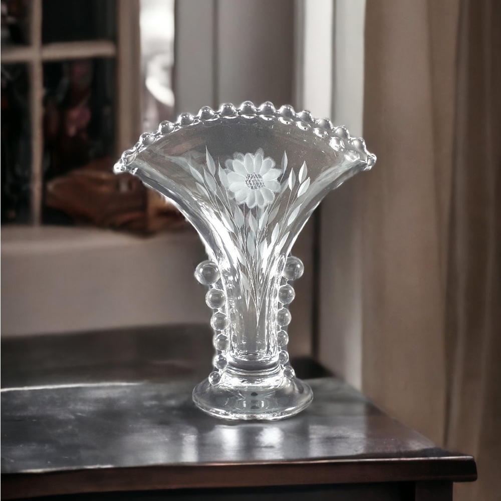 J W Hughes Candlewick Cornflower Etched Glass Vase